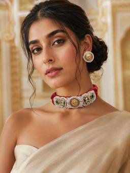 PINKCITY CRAFT - White Red & Green Kundan Meenakari Patwa Craft Jewellery Set