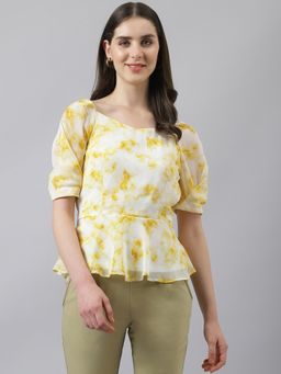 Latin Quarters - Women Yellow Printed Peplum Top with Puffer Sleeves