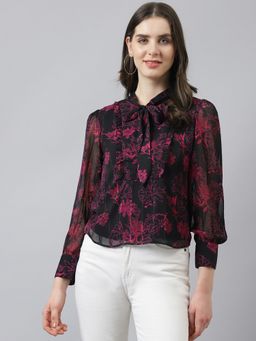 Latin Quarters - Women Black Flower Print Shirt Top with Knotted Neckline