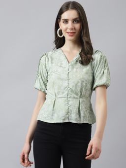 Latin Quarters - Women Green Flower Print Peplum Top with Front Buttons & Puffer Sleeves