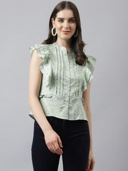Latin Quarters - Women Green Floral Print Top with Front Buttons & Ruffles
