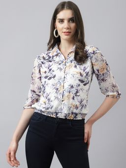 Latin Quarters - Women Blue Printed Front Buttoned Top with Collared Neckline