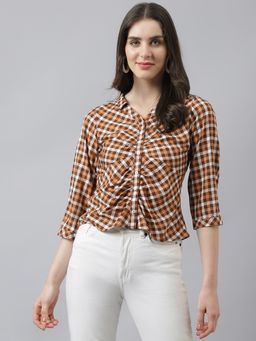 Latin Quarters - Women Brown Check Top with Collared Neck