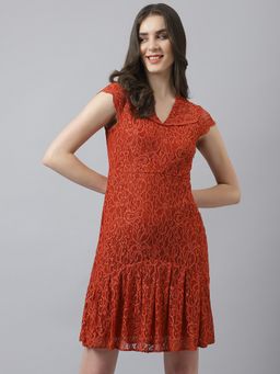 Latin Quarters - Women Rust Self Design Lace Cap Sleeve Dress with Ruffles