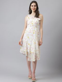 Latin Quarters - Women Ivory Floral Printed A Line Dress with Cap Sleeves