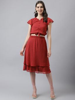 Latin Quarters - Women Maroon Co-Ord Set with A Line Skirt & Knotted Top (Set of 2)