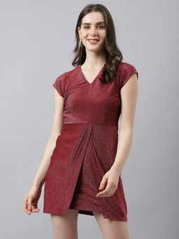 Latin Quarters - Women Wine Mini Dress with V Neck & Cap Sleeves