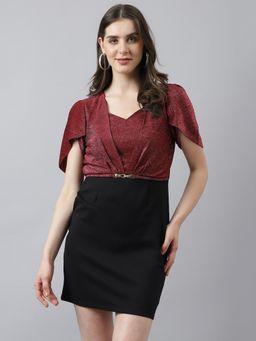 Latin Quarters - Women Wine Mini Sheath Dress with Cape Sleeves & Self Belt Design