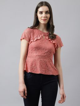 Latin Quarters - Women Rose Self Design Lace Top with Cap Sleeves & Ruffles