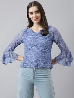 Latin Quarters - Women Blue V Neck Top with Bell Sleeves