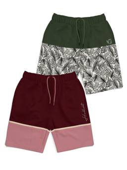 HELLCAT - Trendy Burgundy Olive Printed Shorts for Boys (Pack of 2)