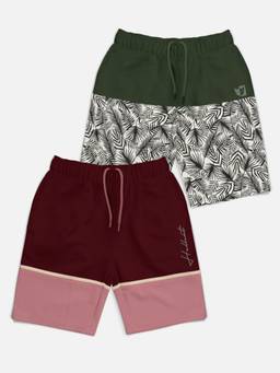 HELLCAT - Trendy Burgundy Olive Printed Shorts for Girls (Pack of 2)