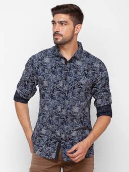 Spykar - Navy Blue Cotton Full Sleeve Printed Shirt for Men