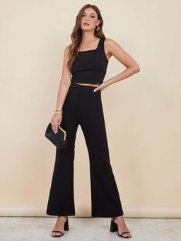 Styli - Black Square Neck Crop Top And Flare Leg Trouser Co-ord (Set of 2)