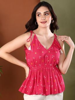 Stylum - Women's Coral Bandhej Printed Short Peplum Top