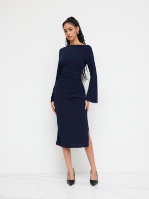 Inez Maxi Dress - Boat Neck Long Sleeve Ruched Dress in Blue