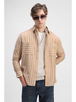 Snitch - Men Beige Collar Neck Oversized Fit Shirt