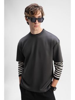 Snitch - Men Grey Crew Neck Oversized Fit T-Shirt