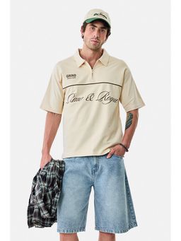 Snitch - Men Beige Collar Neck Oversized Fit Polo T-Shirt