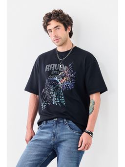 Snitch - Men Black Crew Neck Oversized Fit T-Shirt