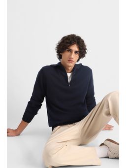 Snitch - Men Navy Blue Collar Neck Regular Fit Sweater