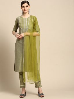 Gerua By Libas - Green Yoke Design Cotton Blend Suit (Set of 3)