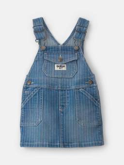 Oshkosh B'gosh - Infant Girls Rainbow Stripe Denim Dungaree - Medium Wash - Navy Blue