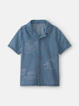 Oshkosh B'gosh - Kids Boys Tropical Denim Button-Down Shirt - Medium Wash - Navy Blue