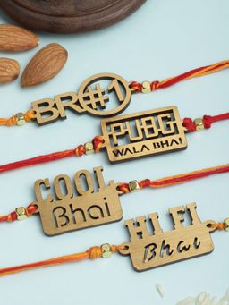 PANASH - Men Set Of 4 Gold-Toned Handcrafted Designer Rakhis With Roli Chawal