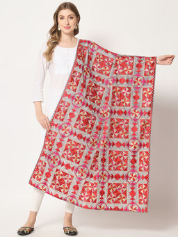 Zamour - Women's Grey Embroidered Phulkari Bagh Dupatta