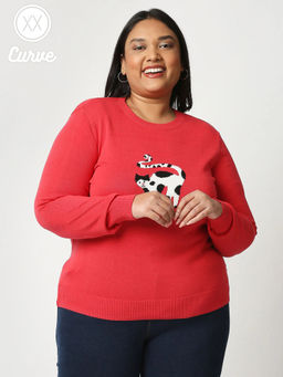 Twenty Dresses by Nykaa Fashion - Curve Red Woven Embroidered Crew Neck Sweater