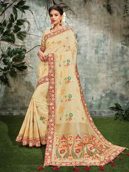Odette - Cream Weaved Silk Designer Saree with Unstitched Blouse