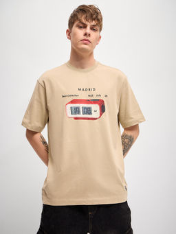 The Bear House - Beige Graphic Printed Oversize Crew Neck T-Shirt