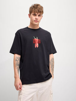 The Bear House - Black Graphic Printed Oversize Crew Neck T-Shirt