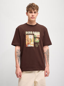 The Bear House - Brown Graphic Printed Oversize Crew Neck T-Shirt