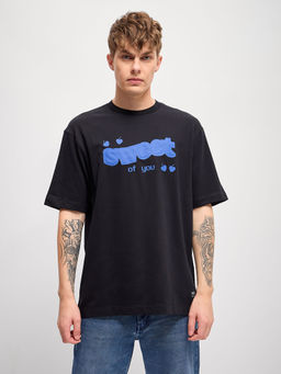 The Bear House - Black Graphic Printed Oversize Crew Neck T-Shirt