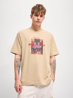 The Bear House - Beige Graphic Printed Oversize Crew Neck T-Shirt