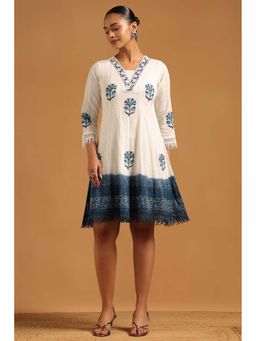 Soch - Women Blue Chambray Ethnic Motifs Dress With Hand Embroidery & Pearl Details