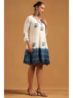 Soch - Women Blue Chambray Ethnic Motifs Dress With Dori Embroidery Work