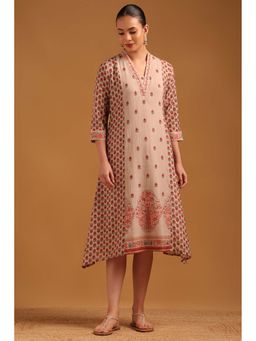 Soch - Women Beige Mul Chanderi Botanical Dress With Cutdana Details