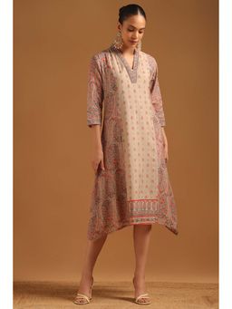 Soch - Women Beige Mul Chanderi Paisley Print Dress With Cutdana Details