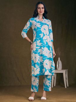 FASHOR - Floral Printed Straight Fit Co-ord Set - Sky Blue