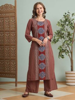 FASHOR - Ajrakh Printed Straight Fit Kurta with Palazzo - Maroon