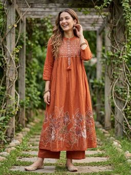 FASHOR - Printed Empire Cut A-Line Anarkali Kurta with Palazzo - Rust