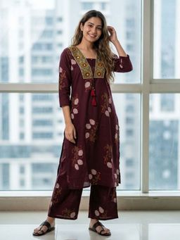 FASHOR - Floral Bota Printed Mirror Work Straight Co-Ord Set - Maroon