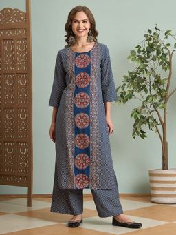 FASHOR - Ajrakh Printed Straight Fit Kurta with Palazzo - Blue