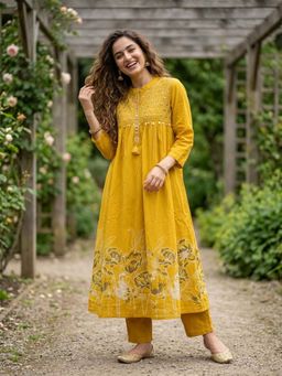FASHOR - Abstract Printed Empire Cut A-Line Anarkali Kurta with Pant - Yellow
