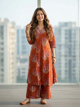 FASHOR - Floral Bota Printed Embroidered A-Line Co-Ord Set - Rust