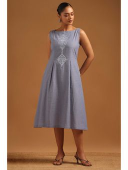 Soch - Women Blue Chambray Ethnic Motifs Dress With Thread Work