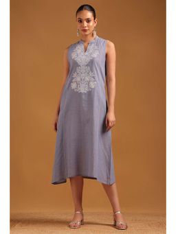 Soch - Women Blue Chambray Ethnic Motifs Dress With Thread Work